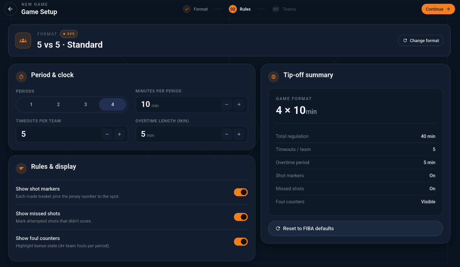 Courtside 5v5 game setup — the Rules step of the Format, Rules, Teams wizard: periods, minutes per period, timeouts and overtime length, display toggles, and a tip-off summary with Reset to FIBA defaults.